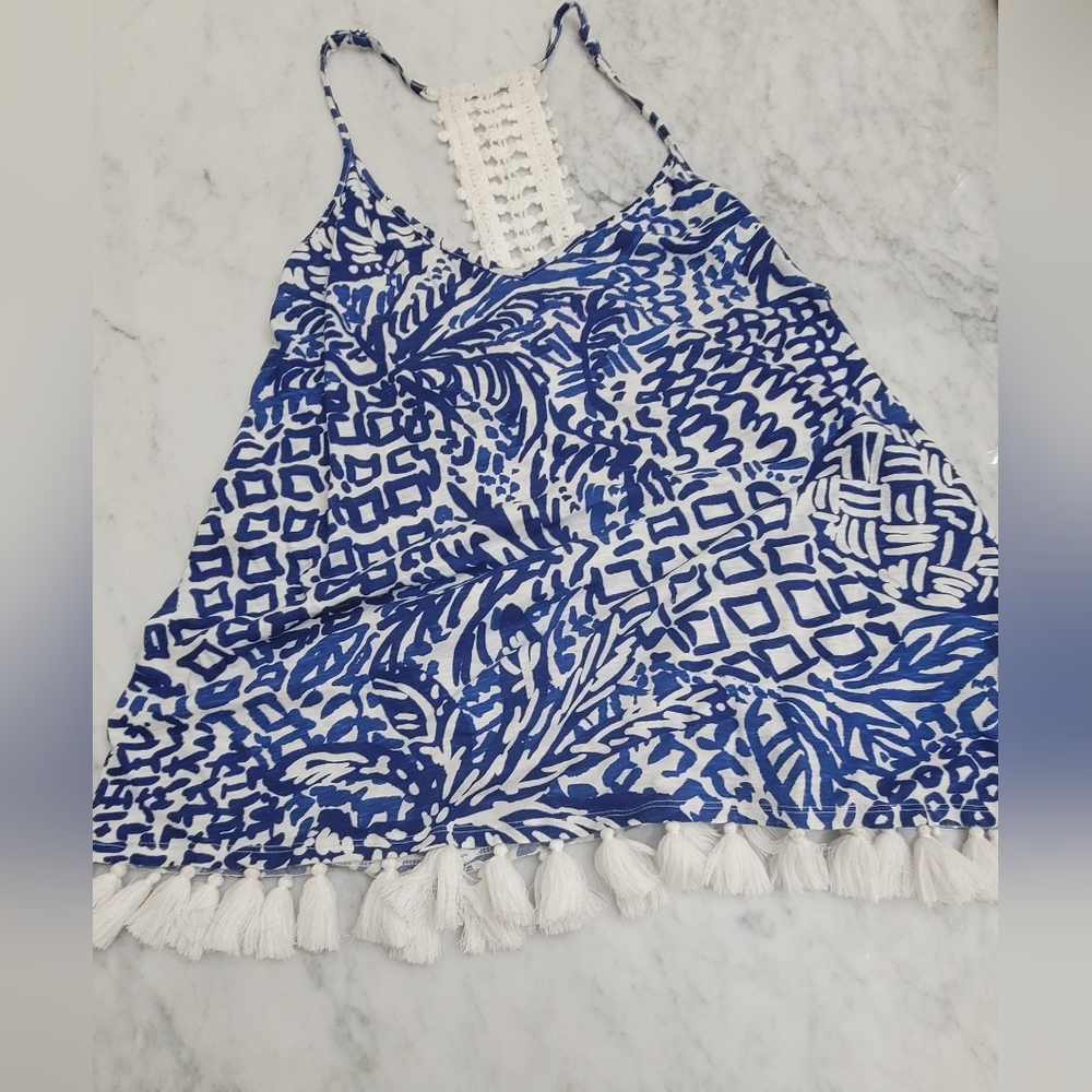 Lilly Pulitzer Blue and White Tassel Tank Top. Home slice. Size L